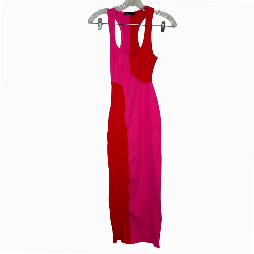 NWOT Naked Wardrobe Womens Pink Red Colorblock Ribbed Midi Dress L going out